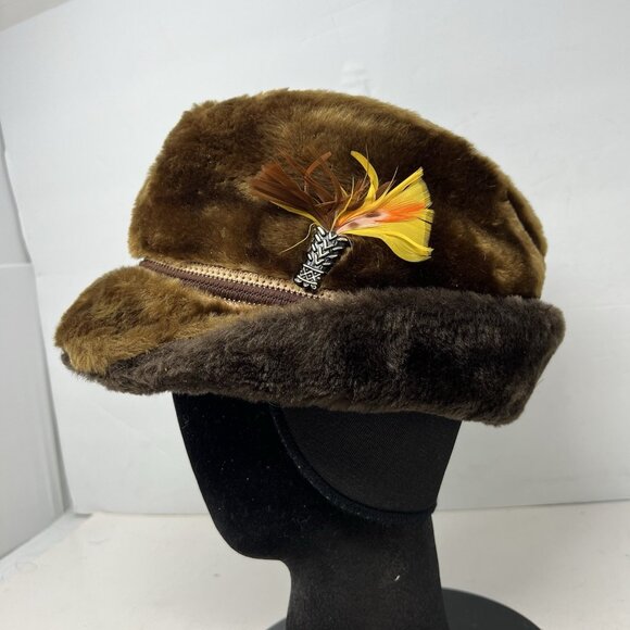 Faux Fur Vintage Fedora Alpine Hat Cap Ear Flaps Feather Brown Retro Made in USA - Picture 10 of 10